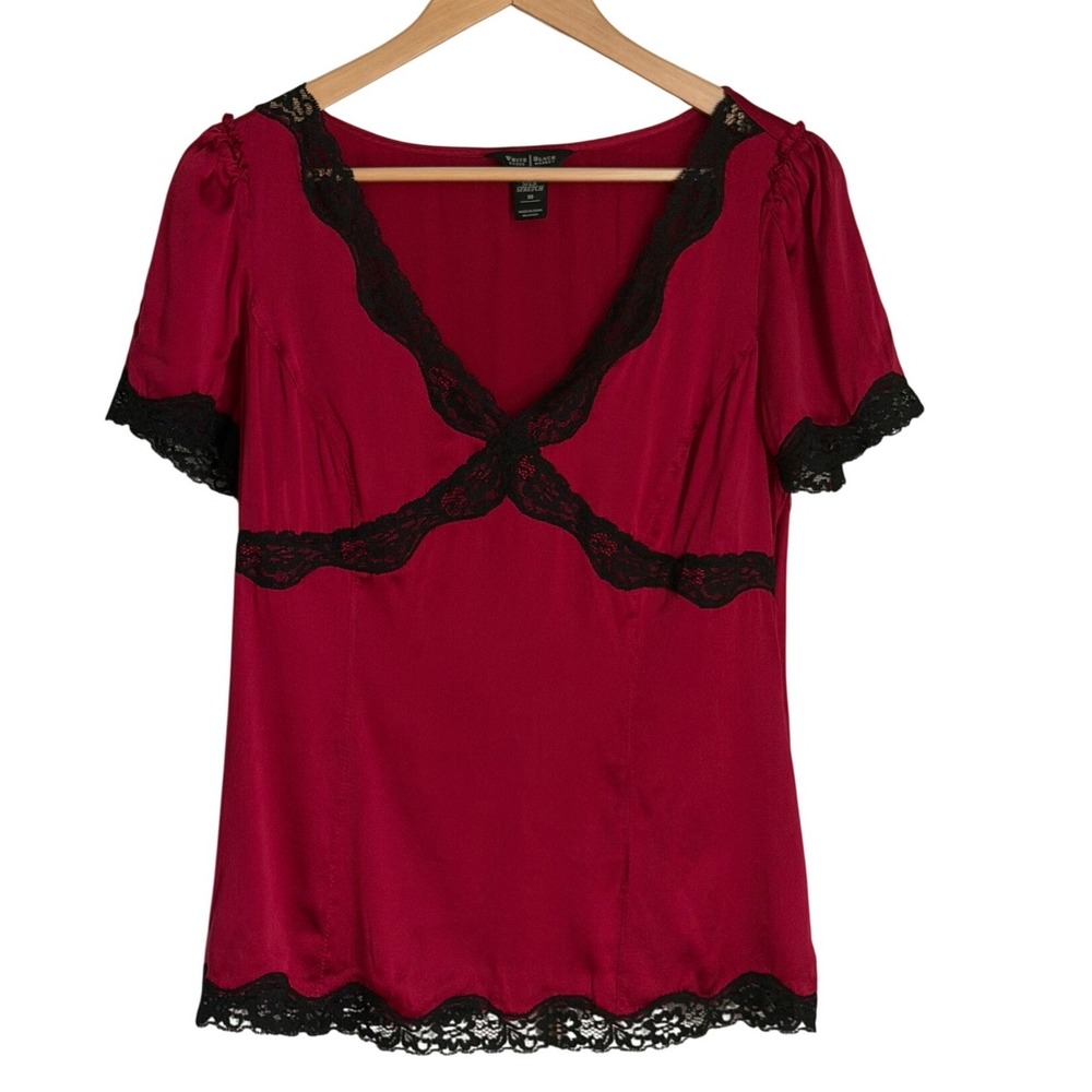 White House Black Market Silk Lace Blouse Womens Size 10 Red Coquette Y2K Glam - Picture 2 of 11